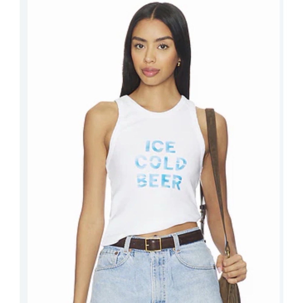 MOTHER The Chin Up Graphic White Fitted Tank in Sz S ICE COLD BEER NWOT Revolve